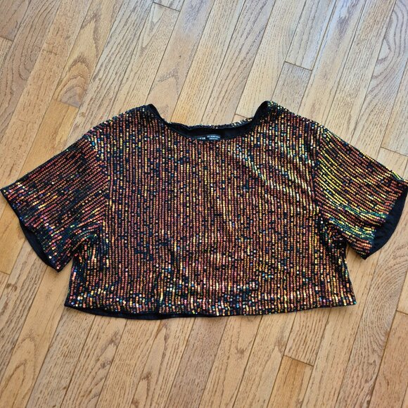ICON Drop Shoulder Sequin Mesh Crop Blouse L Holiday Outfit - Picture 2 of 16